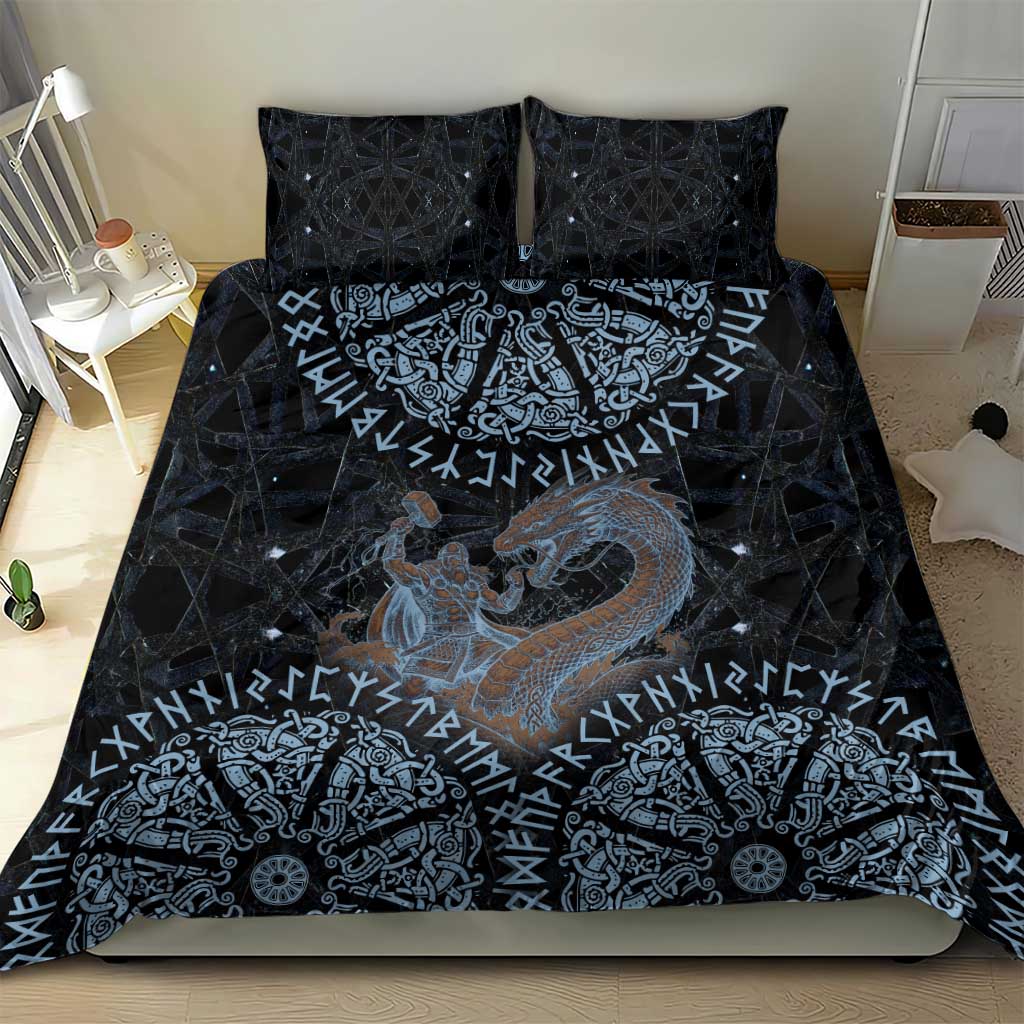 Thor and Jormungandr Norse Mythology Viking Bedding Set Celtic Knot and Rune Art Style