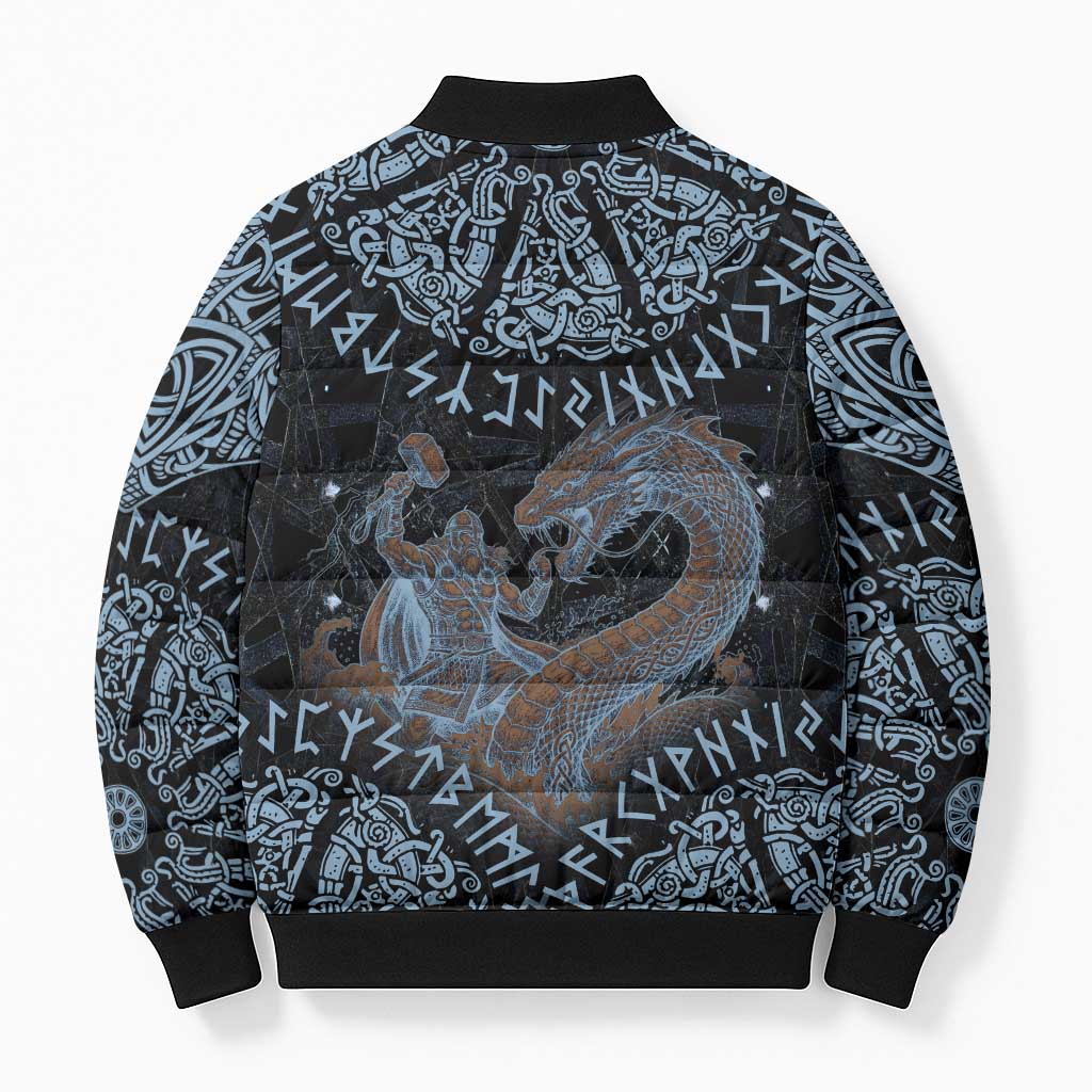 Thor and Jormungandr Norse Mythology Viking Bomber Puffer Jacket Celtic Knot and Rune Art Style
