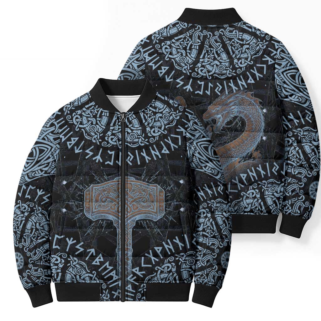 Thor and Jormungandr Norse Mythology Viking Bomber Puffer Jacket Celtic Knot and Rune Art Style