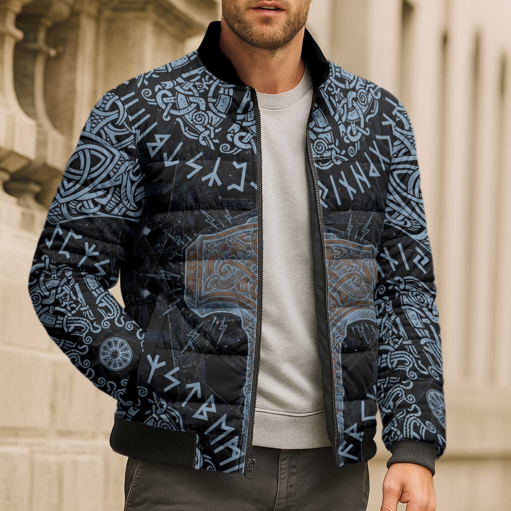 Thor and Jormungandr Norse Mythology Viking Bomber Puffer Jacket Celtic Knot and Rune Art Style