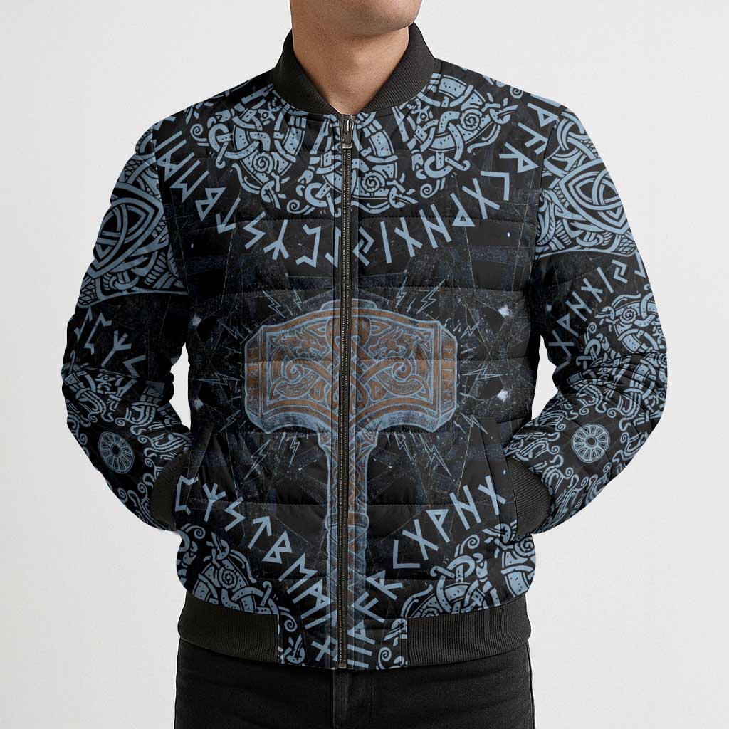 Thor and Jormungandr Norse Mythology Viking Bomber Puffer Jacket Celtic Knot and Rune Art Style