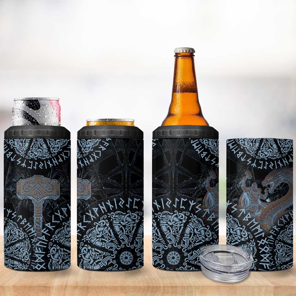 Thor and Jormungandr Norse Mythology Viking 4 in 1 Can Cooler Tumbler Celtic Knot and Rune Art Style
