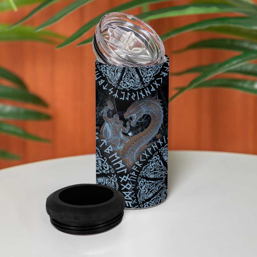 Thor and Jormungandr Norse Mythology Viking 4 in 1 Can Cooler Tumbler Celtic Knot and Rune Art Style