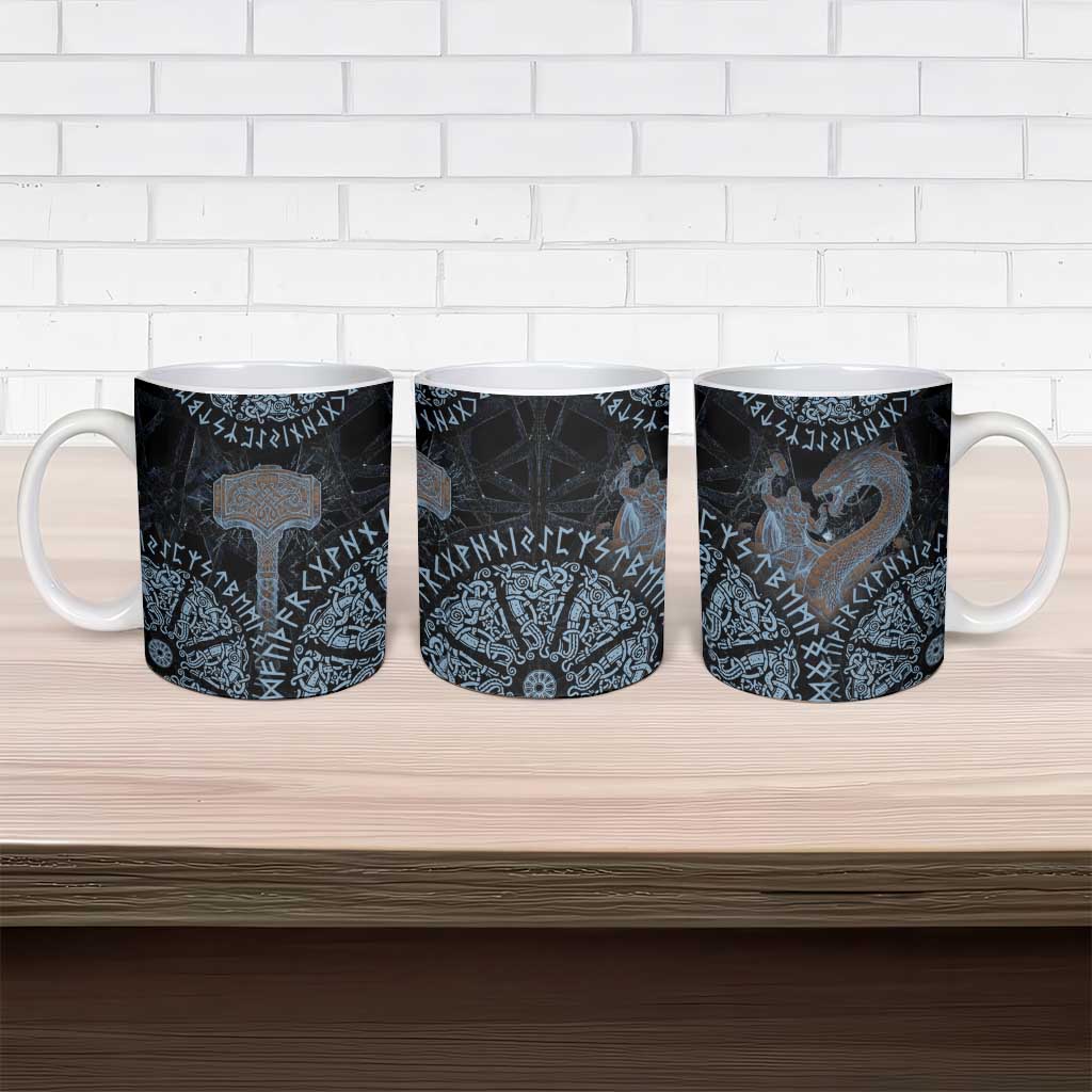 Thor and Jormungandr Norse Mythology Viking Ceramic Mug Celtic Knot and Rune Art Style