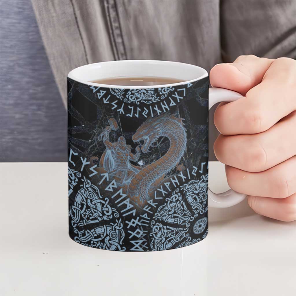 Thor and Jormungandr Norse Mythology Viking Ceramic Mug Celtic Knot and Rune Art Style