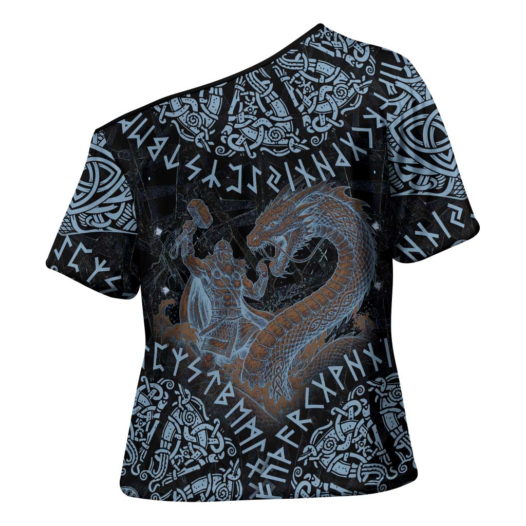 Thor and Jormungandr Norse Mythology Viking Cross Shoulder Shirt Celtic Knot and Rune Art Style