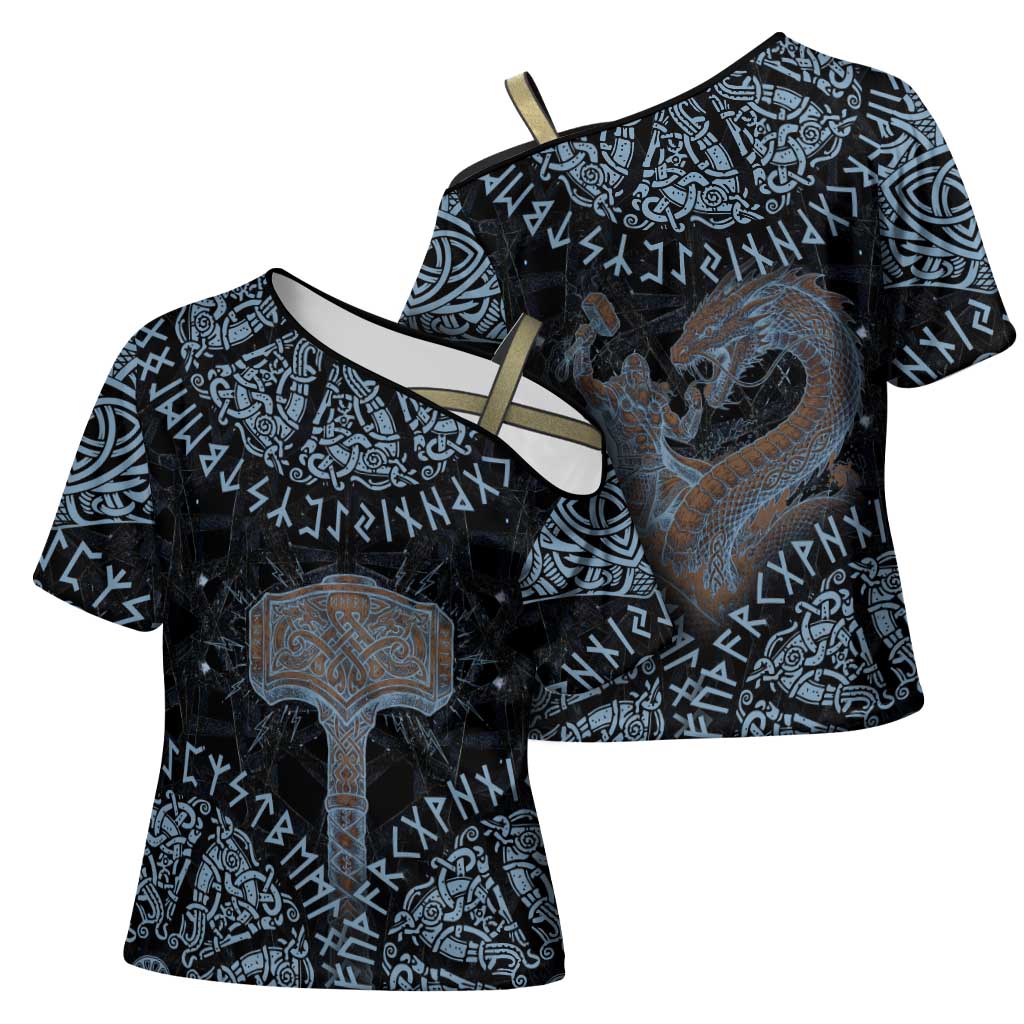 Thor and Jormungandr Norse Mythology Viking Cross Shoulder Shirt Celtic Knot and Rune Art Style