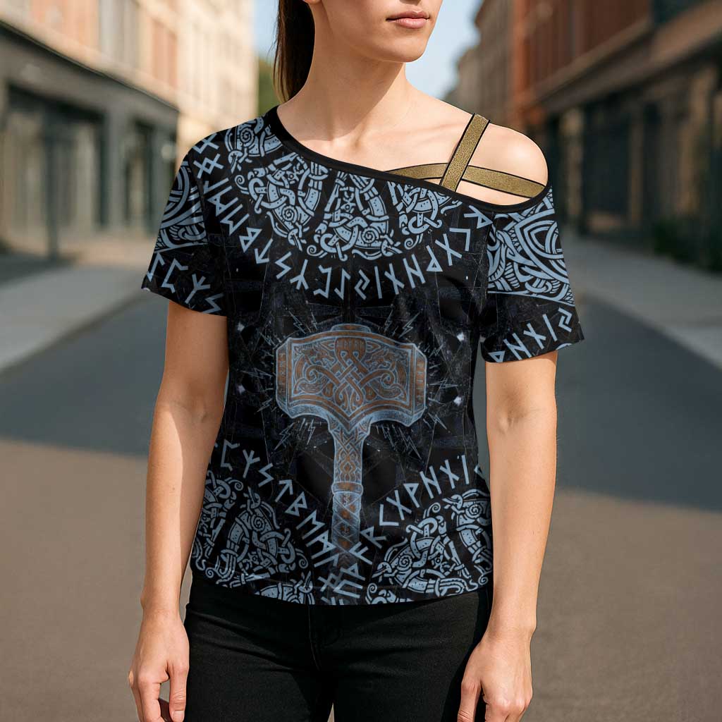 Thor and Jormungandr Norse Mythology Viking Cross Shoulder Shirt Celtic Knot and Rune Art Style
