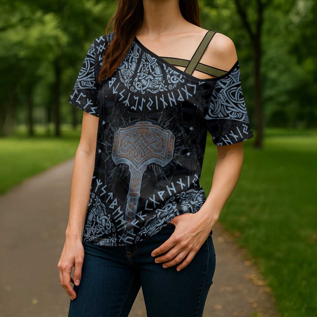 Thor and Jormungandr Norse Mythology Viking Cross Shoulder Shirt Celtic Knot and Rune Art Style