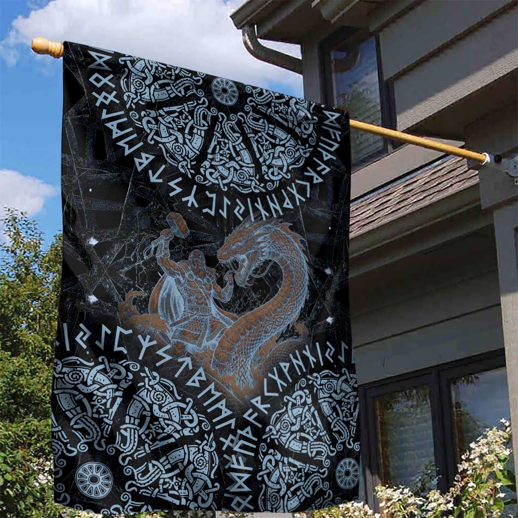 Thor and Jormungandr Norse Mythology Viking Garden Flag Celtic Knot and Rune Art Style
