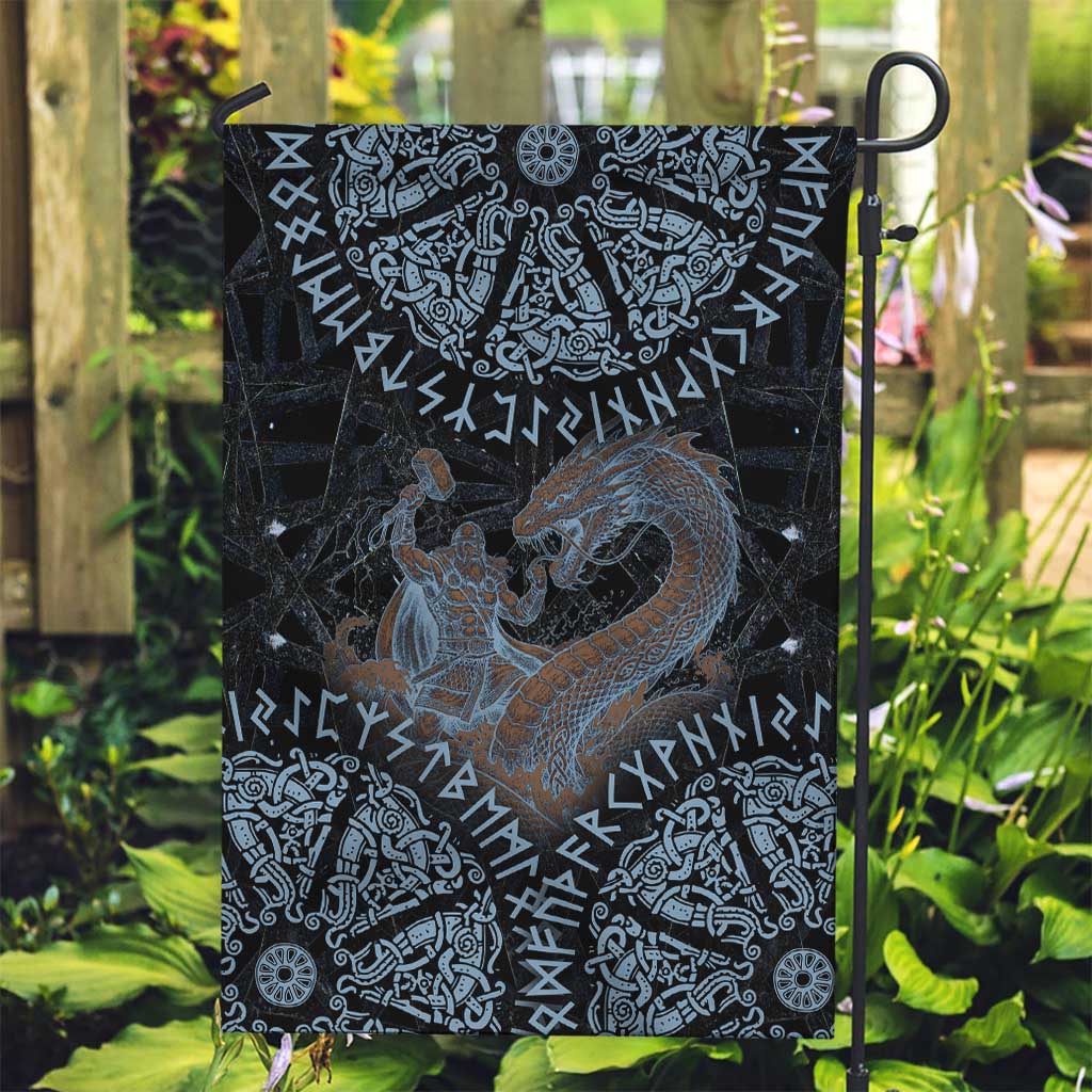 Thor and Jormungandr Norse Mythology Viking Garden Flag Celtic Knot and Rune Art Style