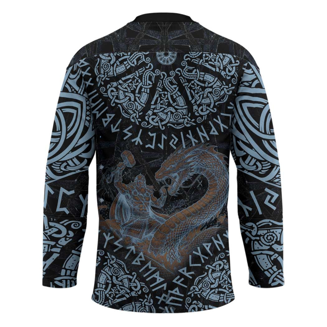 Thor and Jormungandr Norse Mythology Viking Hockey Jersey Celtic Knot and Rune Art Style