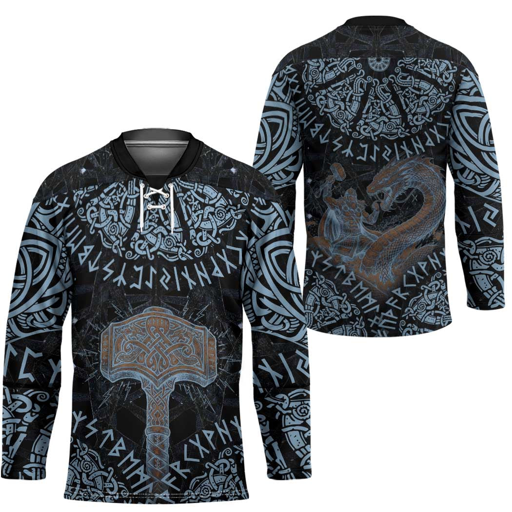 Thor and Jormungandr Norse Mythology Viking Hockey Jersey Celtic Knot and Rune Art Style