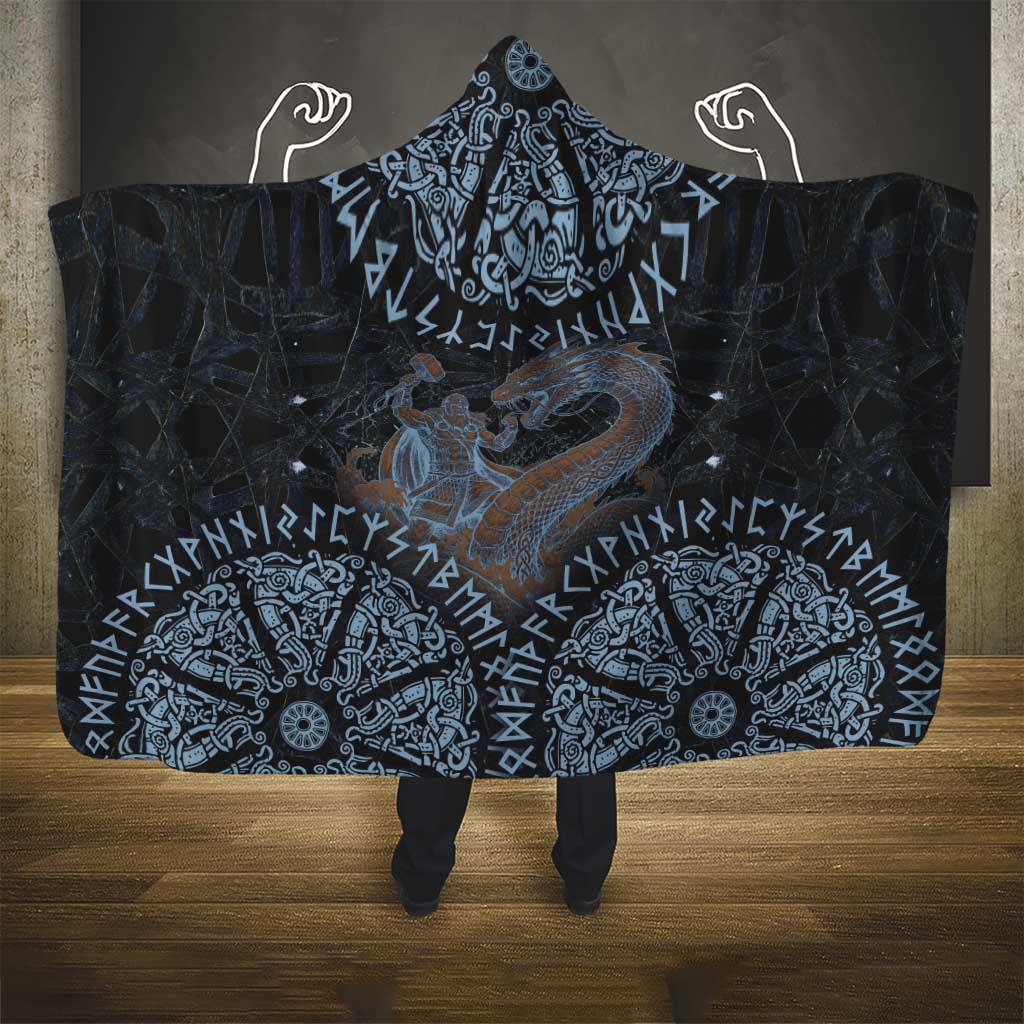 Thor and Jormungandr Norse Mythology Viking Hooded Blanket Celtic Knot and Rune Art Style