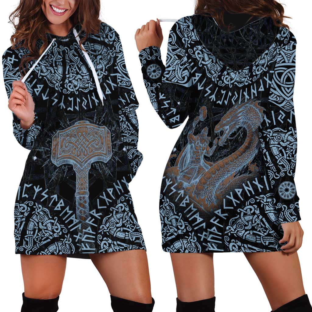 Thor and Jormungandr Norse Mythology Viking Hoodie Dress Celtic Knot and Rune Art Style