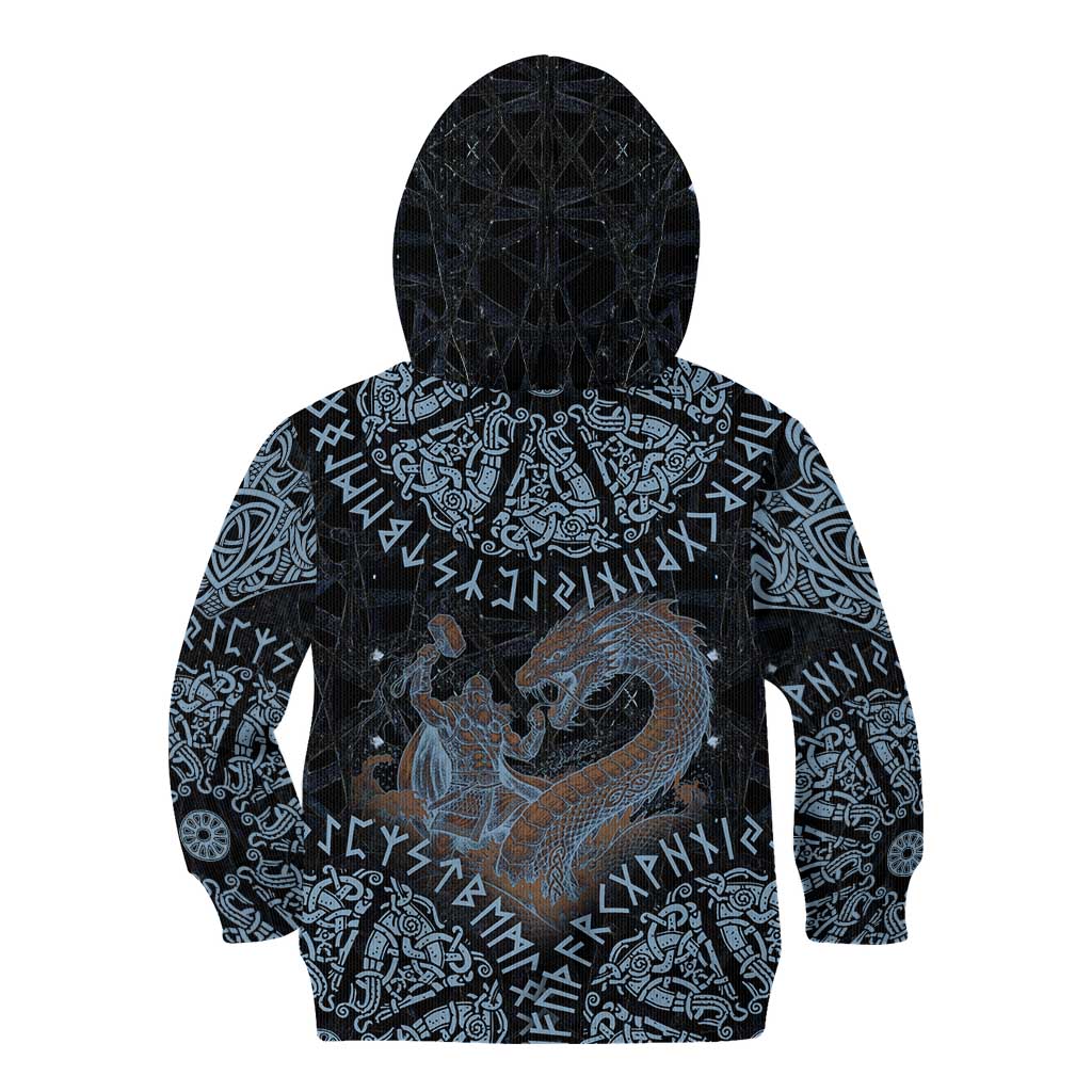 Thor and Jormungandr Norse Mythology Viking Kid Hoodie Celtic Knot and Rune Art Style