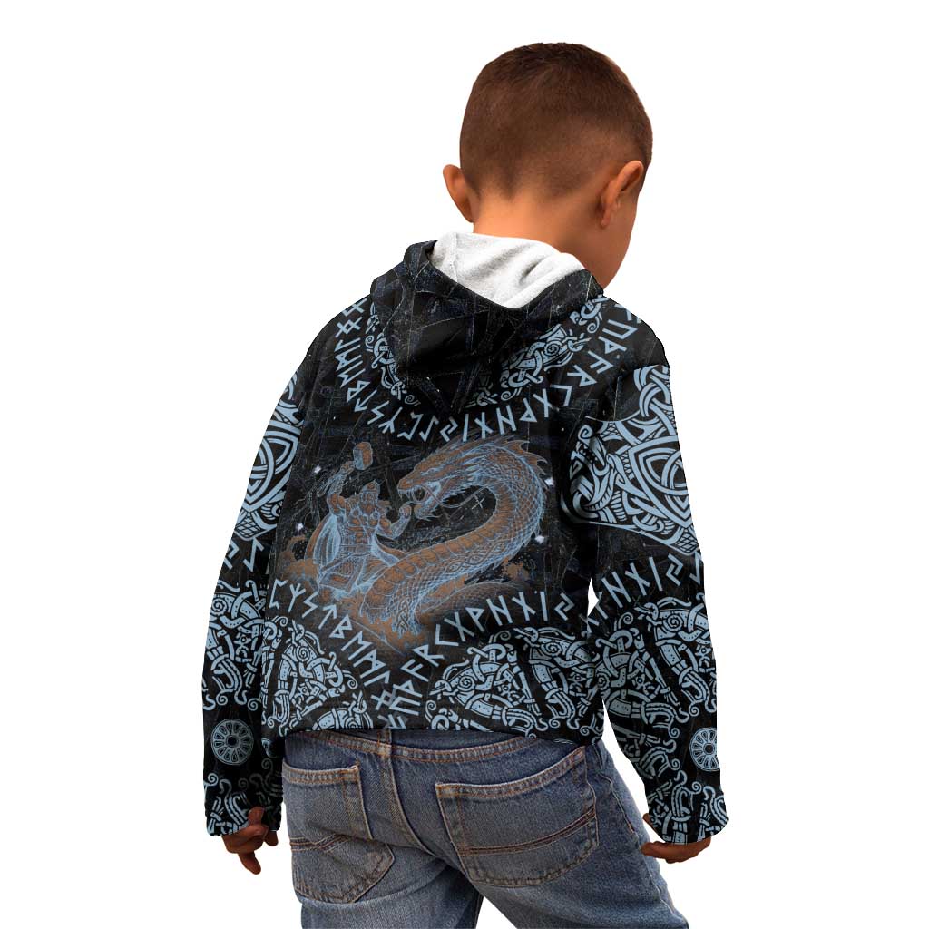 Thor and Jormungandr Norse Mythology Viking Kid Hoodie Celtic Knot and Rune Art Style