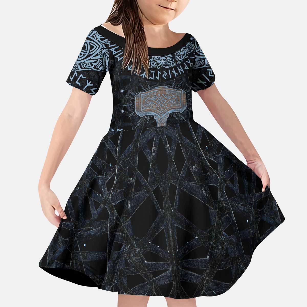 Thor and Jormungandr Norse Mythology Viking Kid Short Sleeve Dress Celtic Knot and Rune Art Style