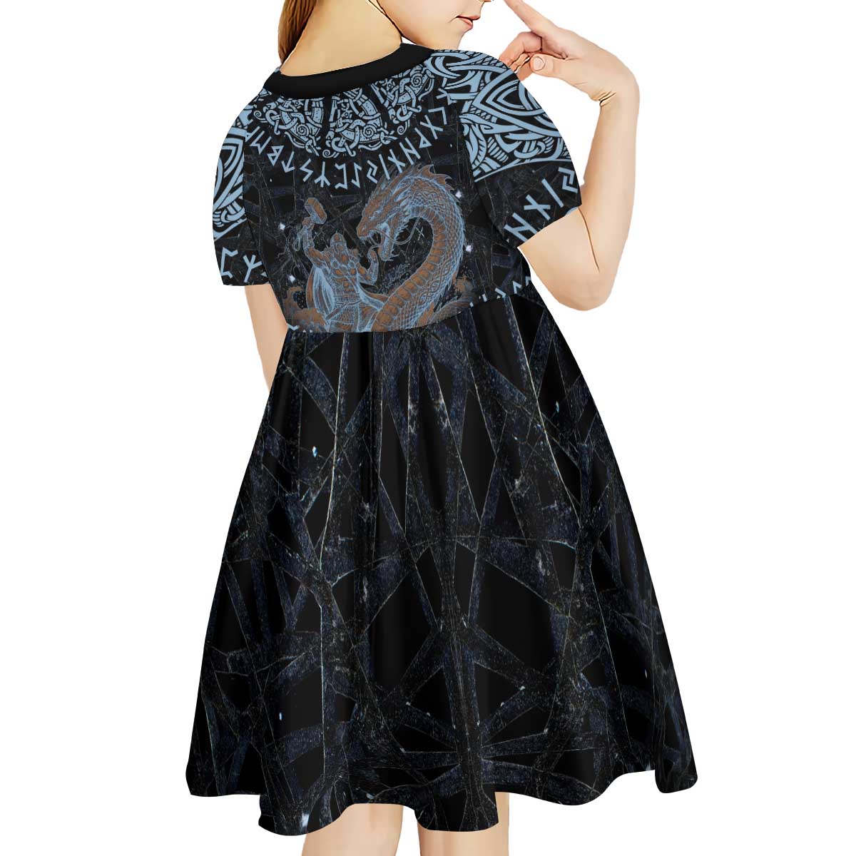 Thor and Jormungandr Norse Mythology Viking Kid Short Sleeve Dress Celtic Knot and Rune Art Style