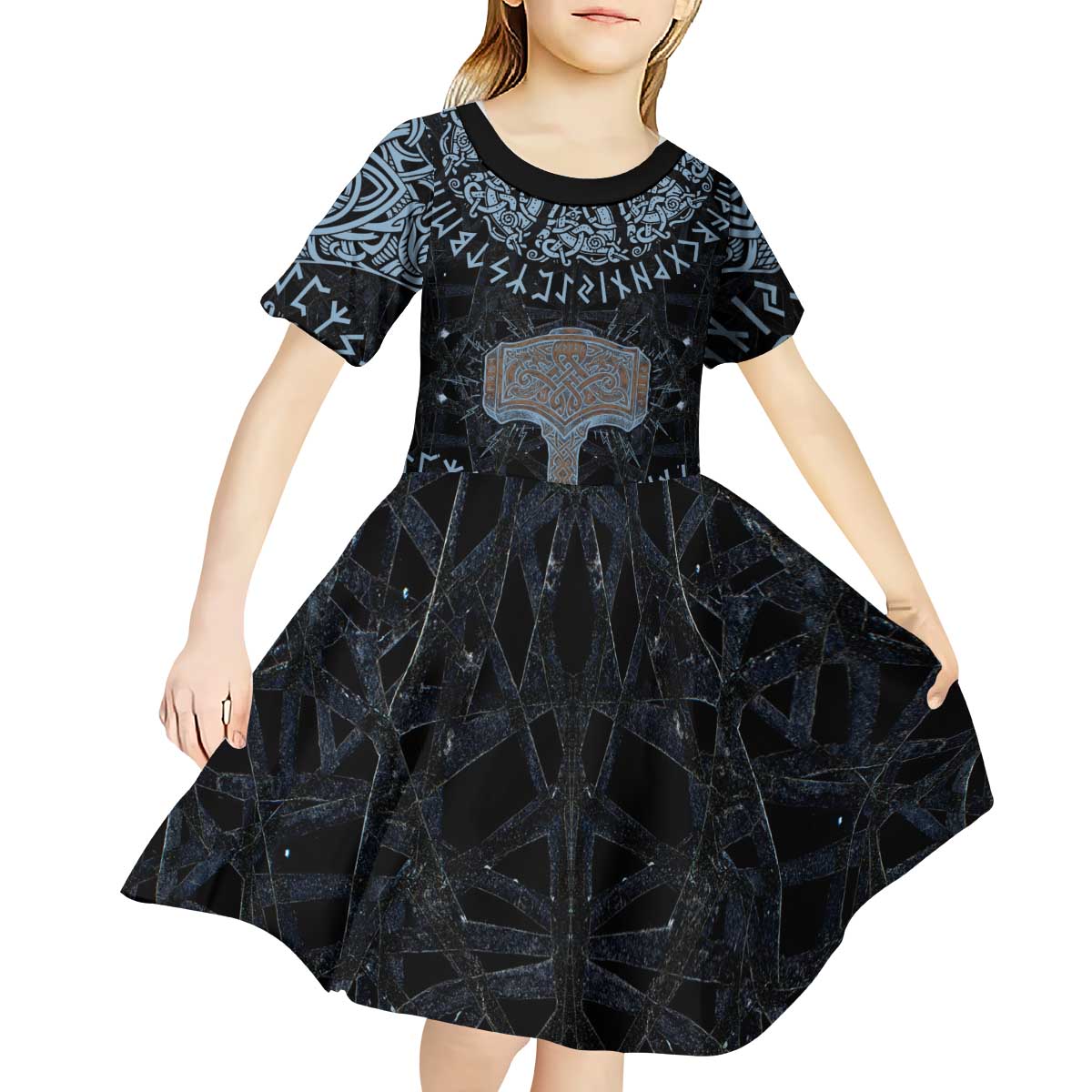 Thor and Jormungandr Norse Mythology Viking Kid Short Sleeve Dress Celtic Knot and Rune Art Style