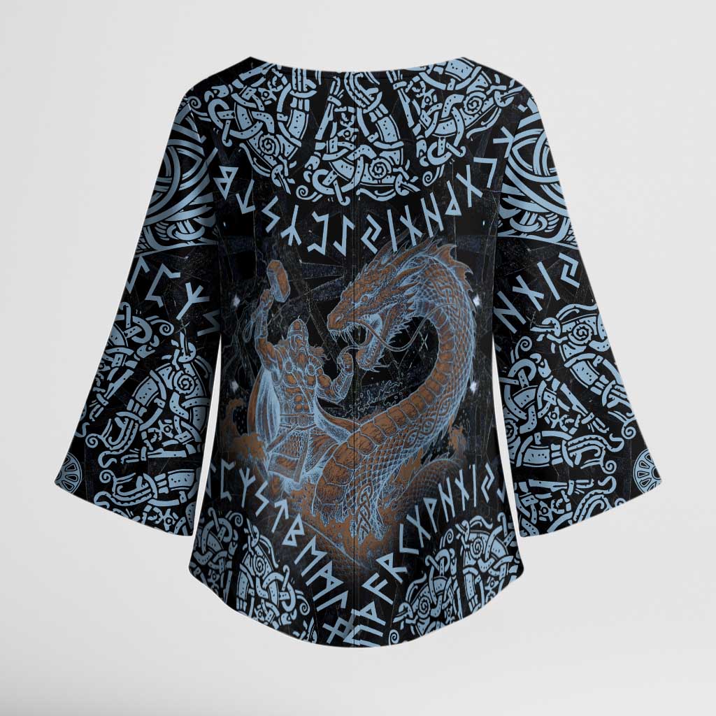 Thor and Jormungandr Norse Mythology Viking Kimono Sleeve Blouse Celtic Knot and Rune Art Style