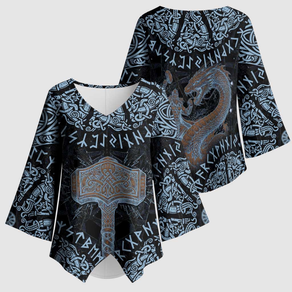 Thor and Jormungandr Norse Mythology Viking Kimono Sleeve Blouse Celtic Knot and Rune Art Style