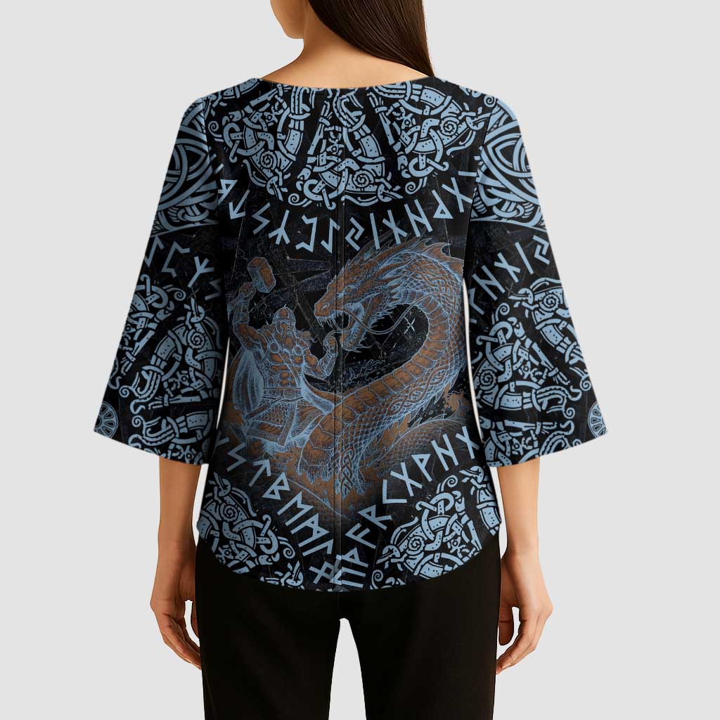Thor and Jormungandr Norse Mythology Viking Kimono Sleeve Blouse Celtic Knot and Rune Art Style