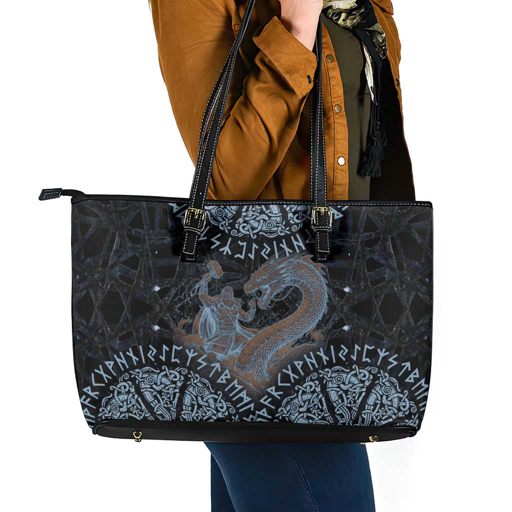 Thor and Jormungandr Norse Mythology Viking Leather Tote Bag Celtic Knot and Rune Art Style