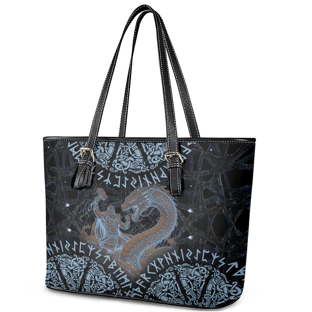 Thor and Jormungandr Norse Mythology Viking Leather Tote Bag Celtic Knot and Rune Art Style