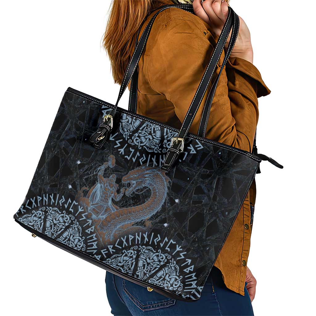 Thor and Jormungandr Norse Mythology Viking Leather Tote Bag Celtic Knot and Rune Art Style