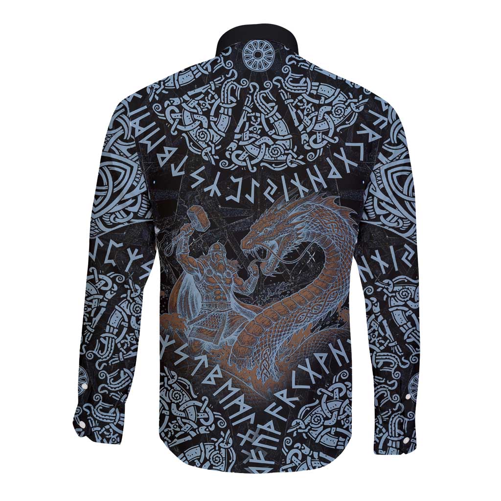 Thor and Jormungandr Norse Mythology Viking Long Sleeve Button Shirt Celtic Knot and Rune Art Style