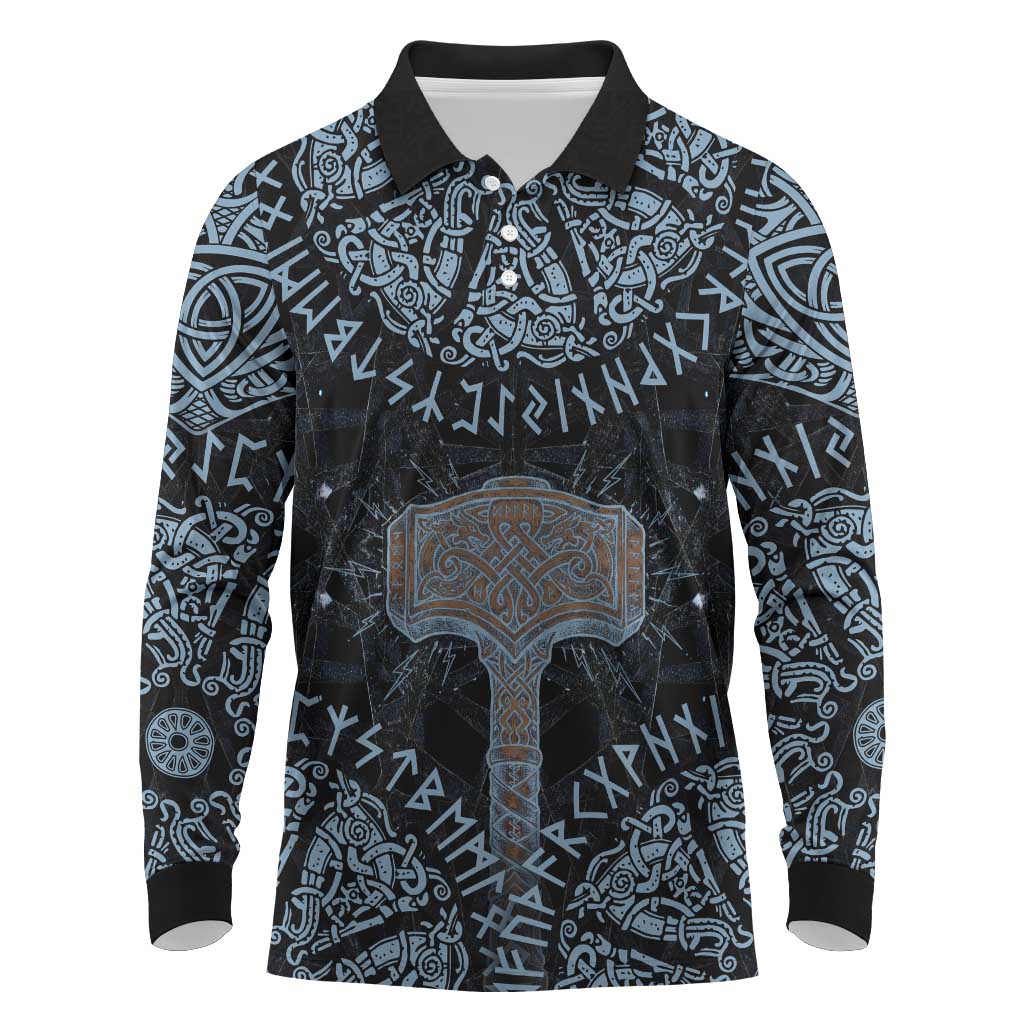 Thor and Jormungandr Norse Mythology Viking Long Sleeve Polo Shirt Celtic Knot and Rune Art Style