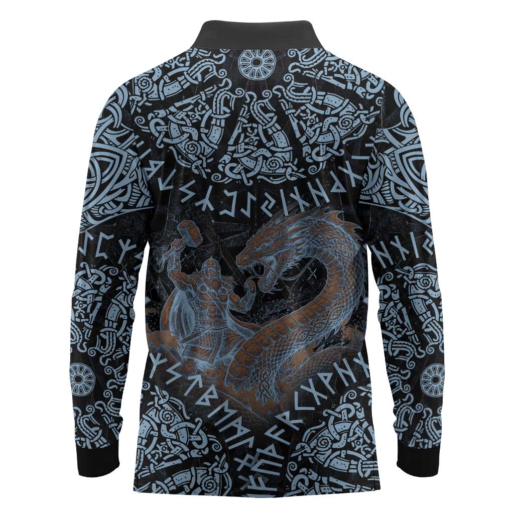 Thor and Jormungandr Norse Mythology Viking Long Sleeve Polo Shirt Celtic Knot and Rune Art Style