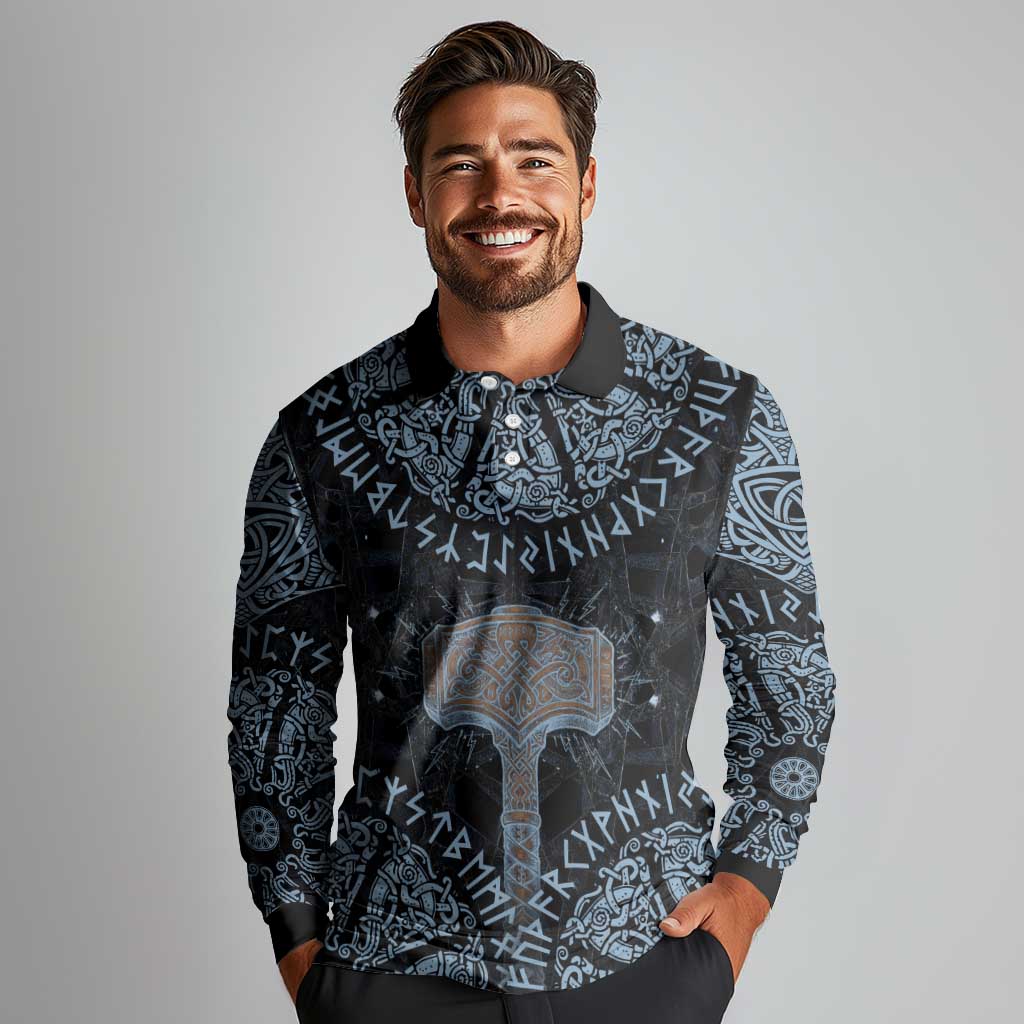 Thor and Jormungandr Norse Mythology Viking Long Sleeve Polo Shirt Celtic Knot and Rune Art Style