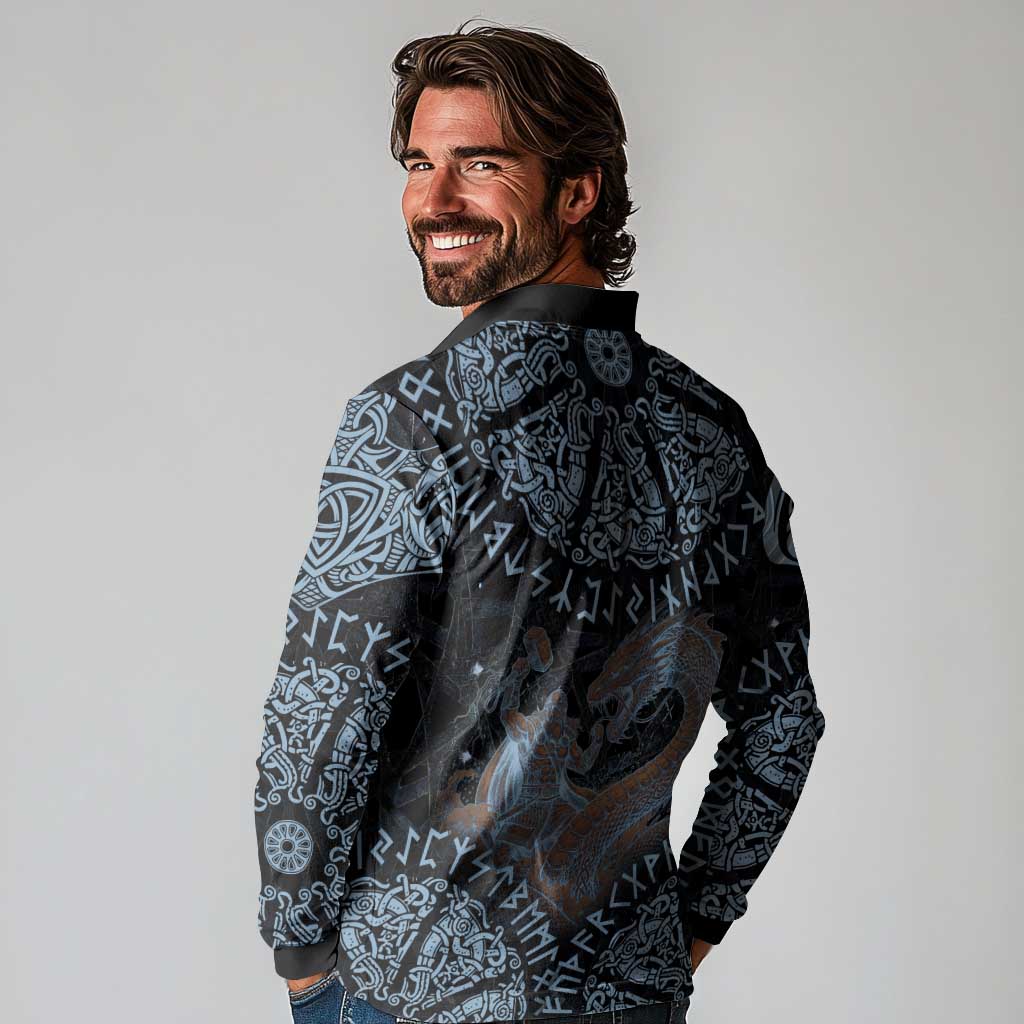 Thor and Jormungandr Norse Mythology Viking Long Sleeve Polo Shirt Celtic Knot and Rune Art Style