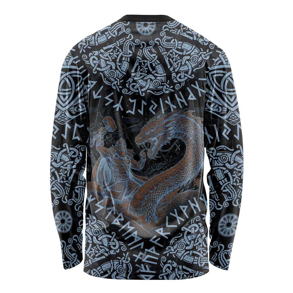 Thor and Jormungandr Norse Mythology Viking Long Sleeve Shirt Celtic Knot and Rune Art Style