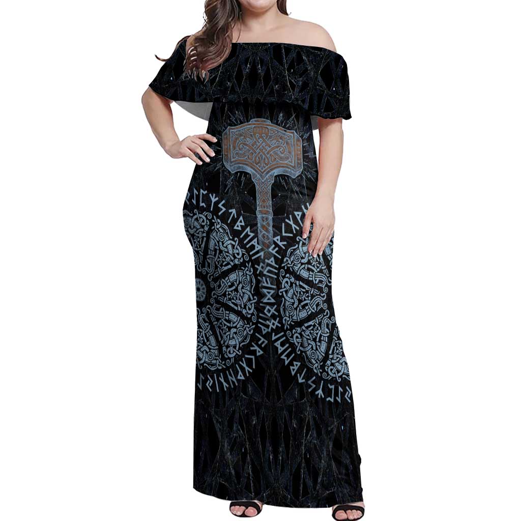 Thor and Jormungandr Norse Mythology Viking Off Shoulder Maxi Dress Celtic Knot and Rune Art Style