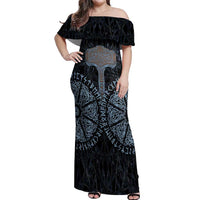 Thor and Jormungandr Norse Mythology Viking Off Shoulder Maxi Dress Celtic Knot and Rune Art Style