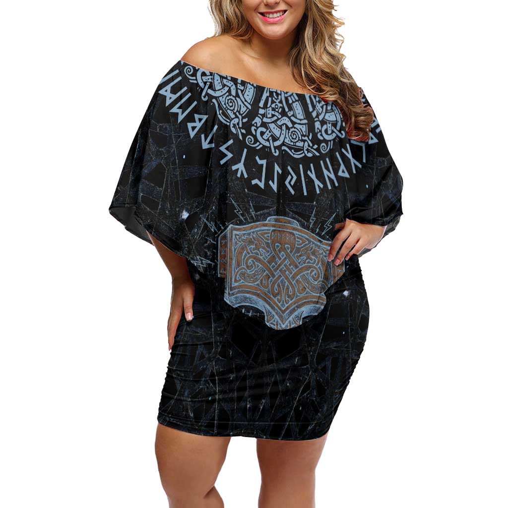 Thor and Jormungandr Norse Mythology Viking Off Shoulder Short Dress Celtic Knot and Rune Art Style