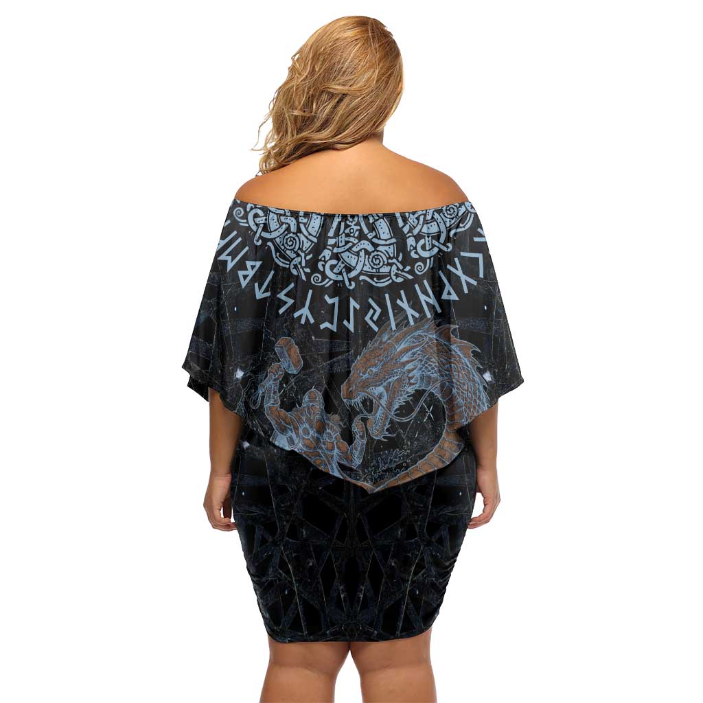 Thor and Jormungandr Norse Mythology Viking Off Shoulder Short Dress Celtic Knot and Rune Art Style