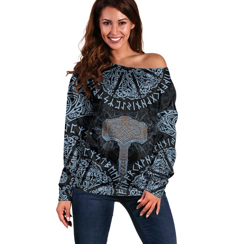 Thor and Jormungandr Norse Mythology Viking Off Shoulder Sweater Celtic Knot and Rune Art Style