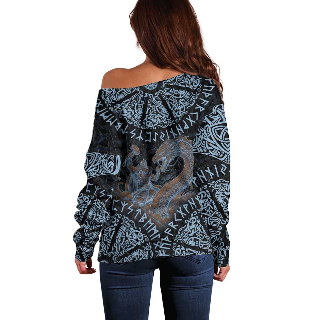 Thor and Jormungandr Norse Mythology Viking Off Shoulder Sweater Celtic Knot and Rune Art Style