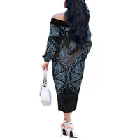 Thor and Jormungandr Norse Mythology Viking Off The Shoulder Long Sleeve Dress Celtic Knot and Rune Art Style