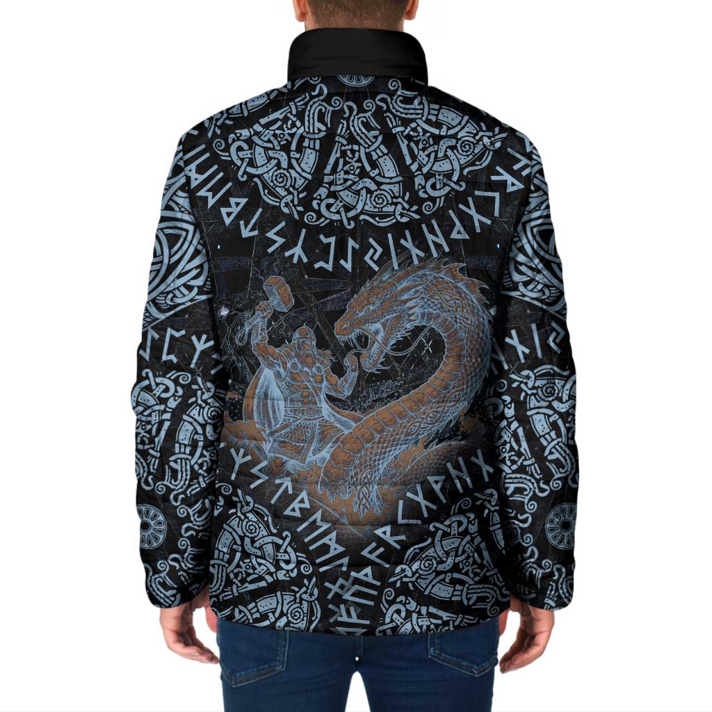 Thor and Jormungandr Norse Mythology Viking Padded Jacket Celtic Knot and Rune Art Style