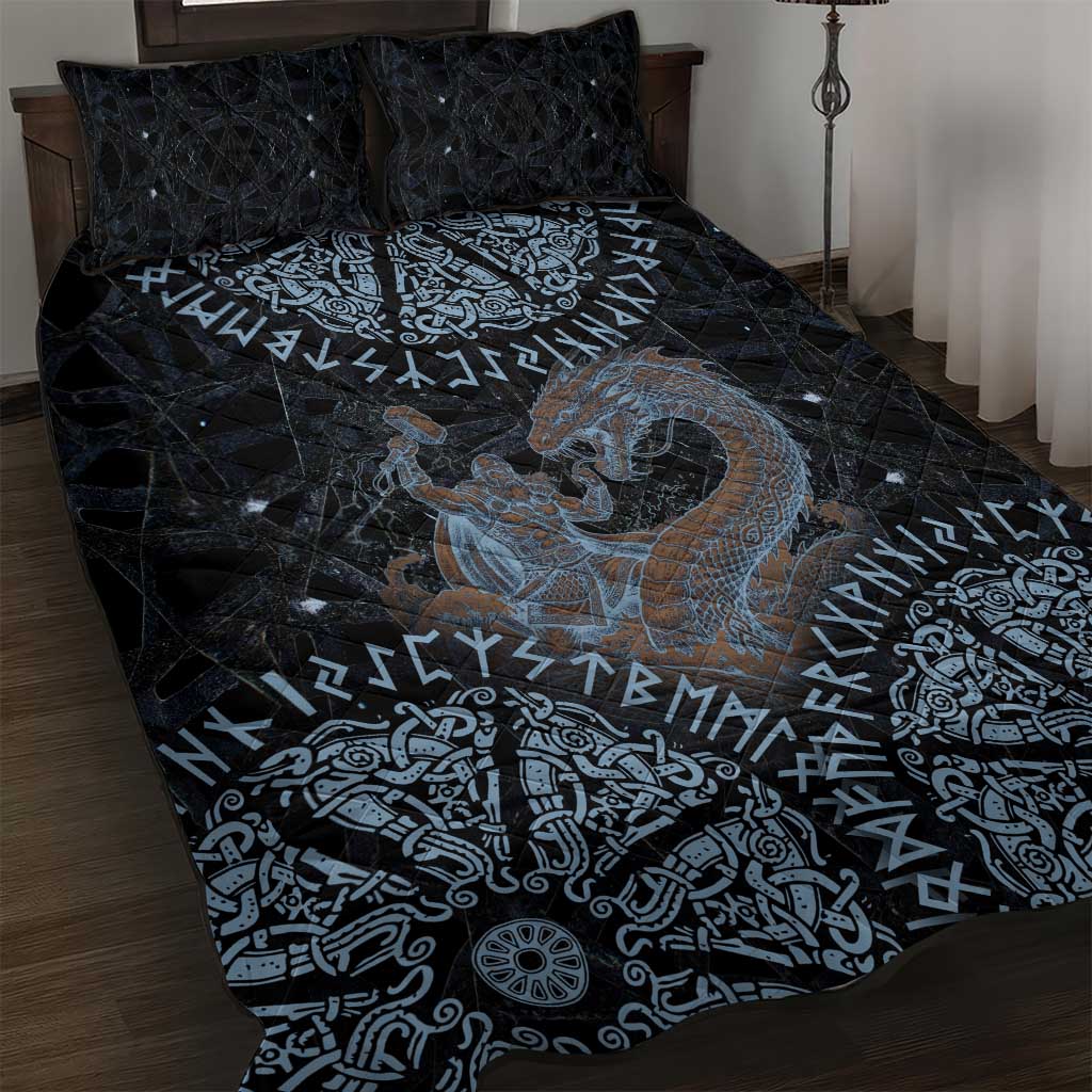 Thor and Jormungandr Norse Mythology Viking Quilt Bed Set Celtic Knot and Rune Art Style