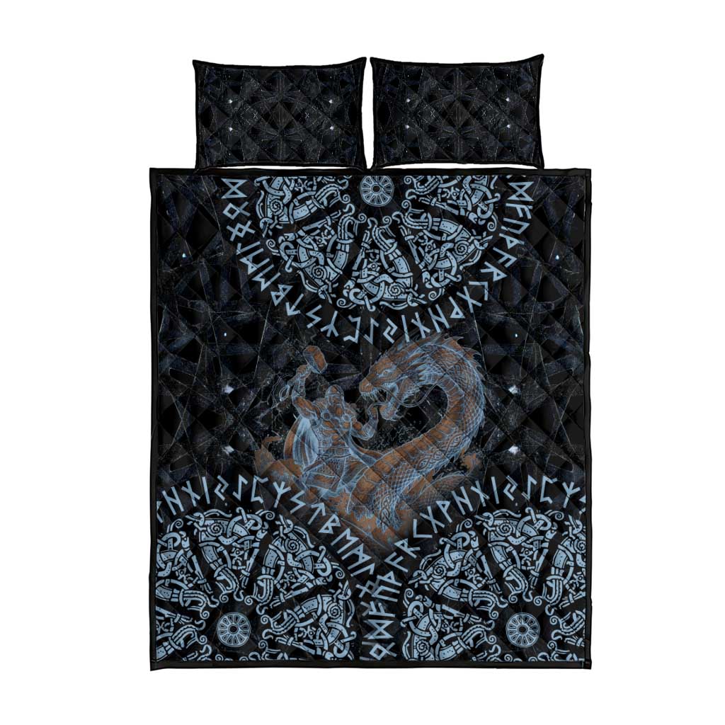 Thor and Jormungandr Norse Mythology Viking Quilt Bed Set Celtic Knot and Rune Art Style