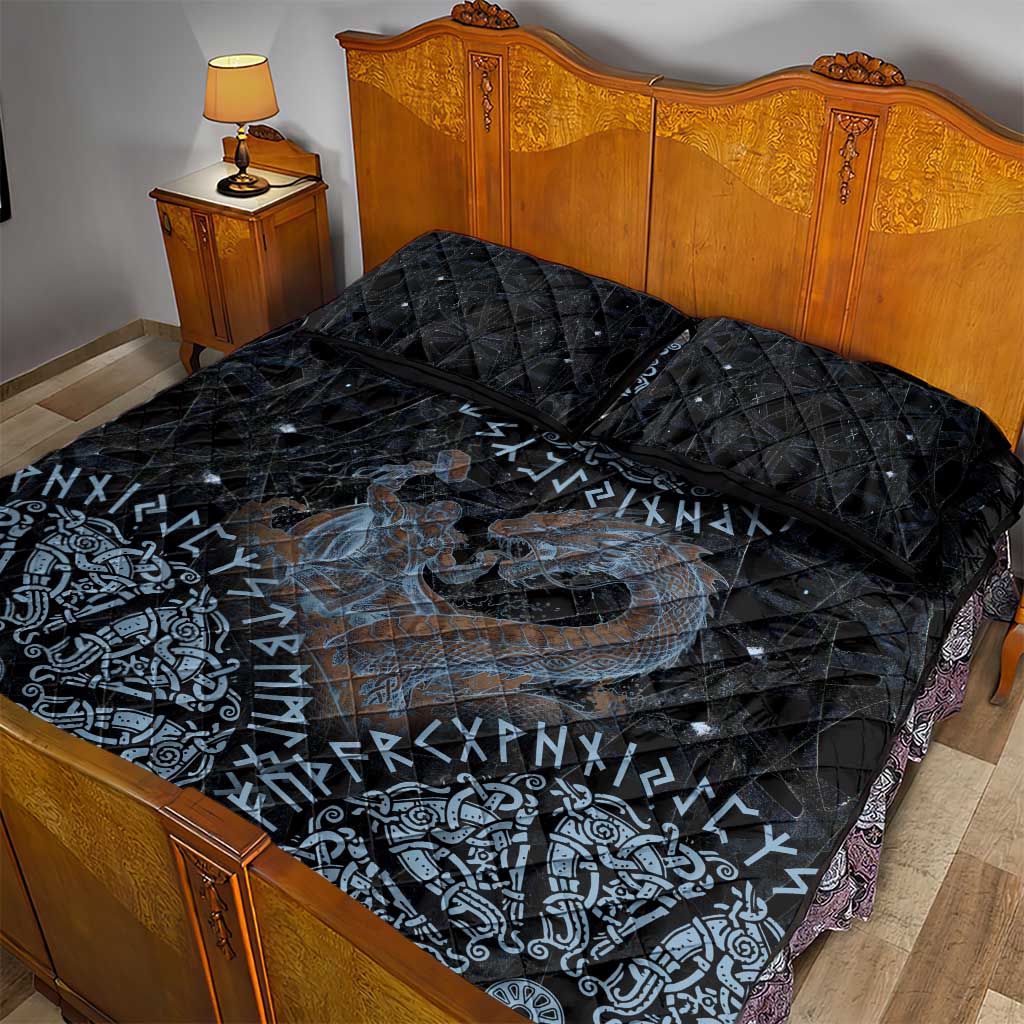Thor and Jormungandr Norse Mythology Viking Quilt Bed Set Celtic Knot and Rune Art Style