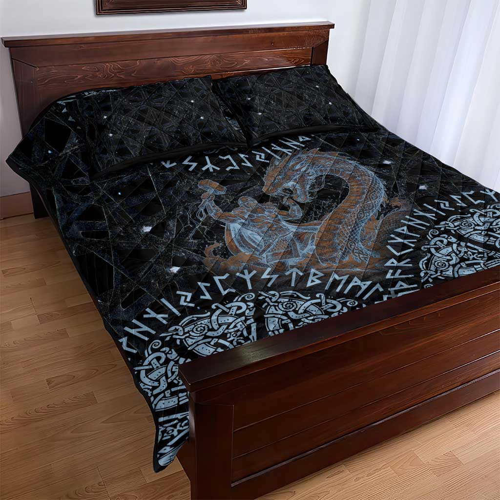 Thor and Jormungandr Norse Mythology Viking Quilt Bed Set Celtic Knot and Rune Art Style