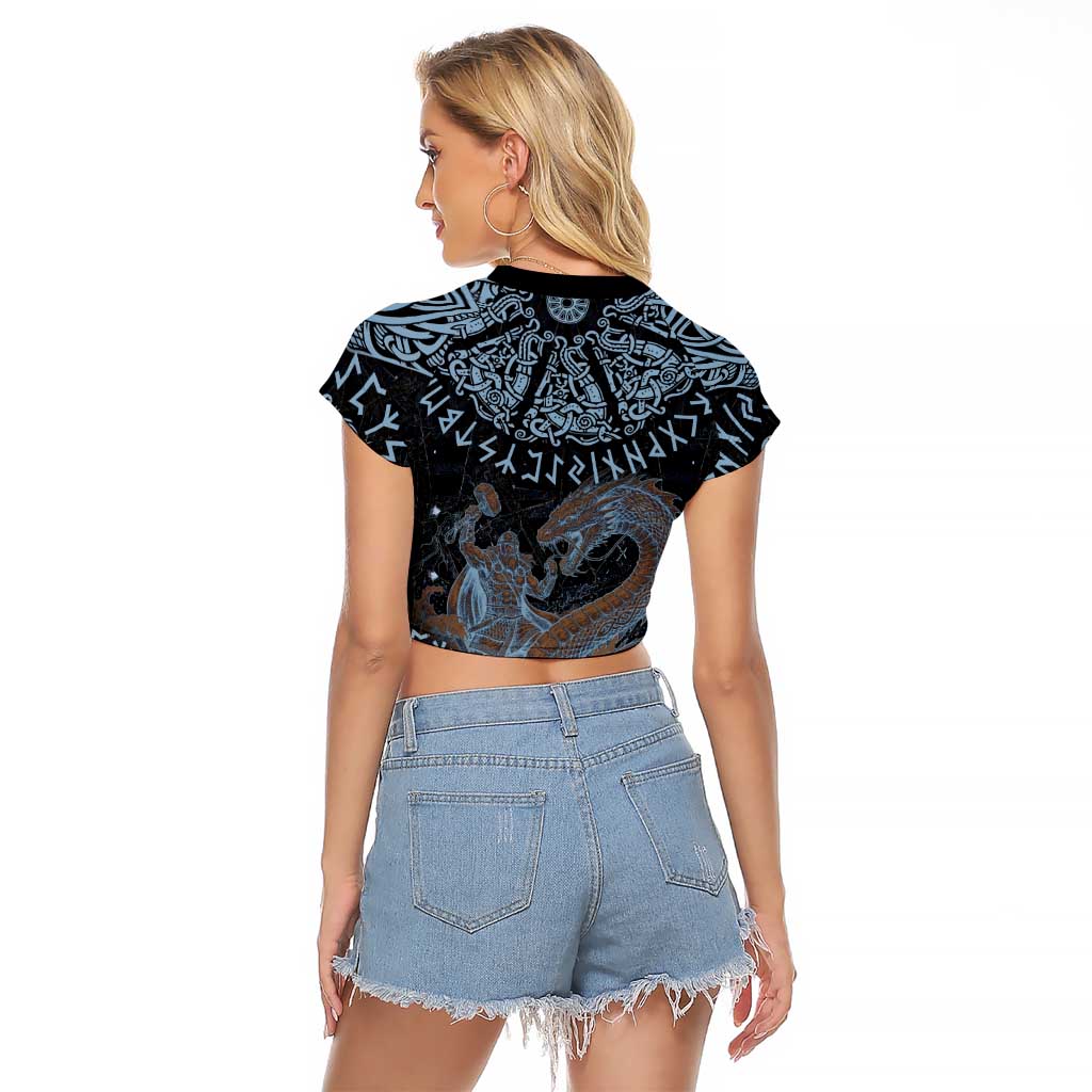 Thor and Jormungandr Norse Mythology Viking Raglan Cropped T Shirt Celtic Knot and Rune Art Style