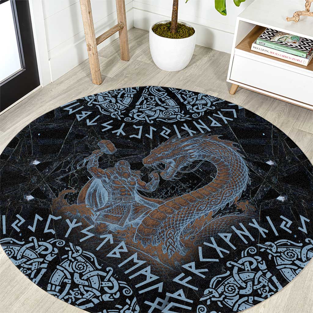 Thor and Jormungandr Norse Mythology Viking Round Carpet Celtic Knot and Rune Art Style